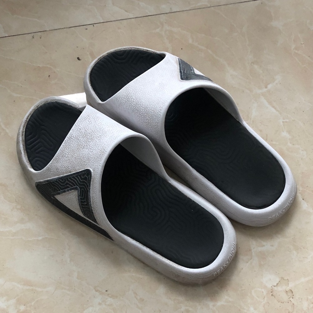 White Slide Sandals with Black Footbed and Accent